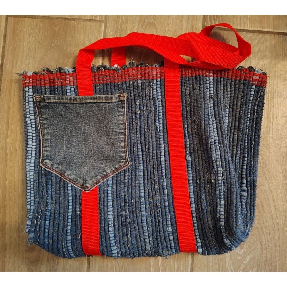 Handmade Recycled Denim Jeans Shoulder Bag Purse, Boho Quilted Double Strap Blue